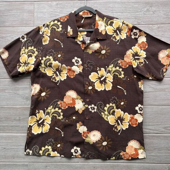 Tommy Bahama Mens Brown Floral Silk Short Sleeve Hawaiian Button-Down Shirt XL - Picture 1 of 10